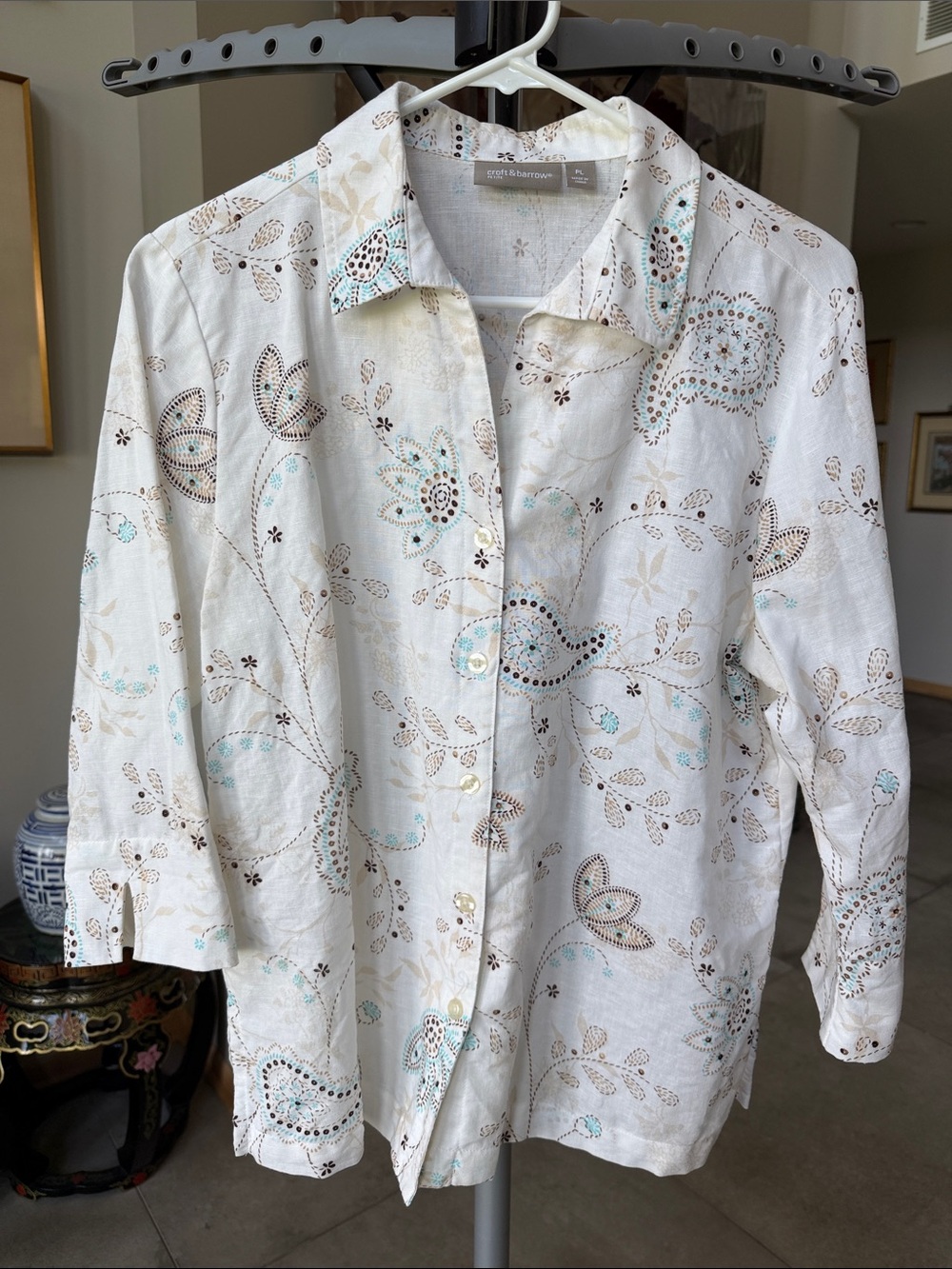 croft & barrow Cream Floral Paisley Button-Down Shirt Cotton Linen Women’s PL